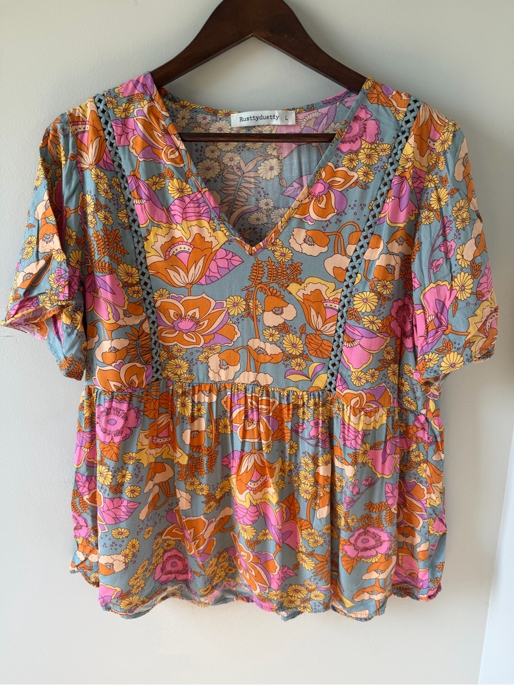 Rusttydustty Floral Boho Babydoll Blouse | Size Large | Cottagecore V-Neck - Picture 2 of 7